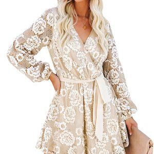 Ivory Wrap Long Sleeve Crochet Lace Mini Dress XL